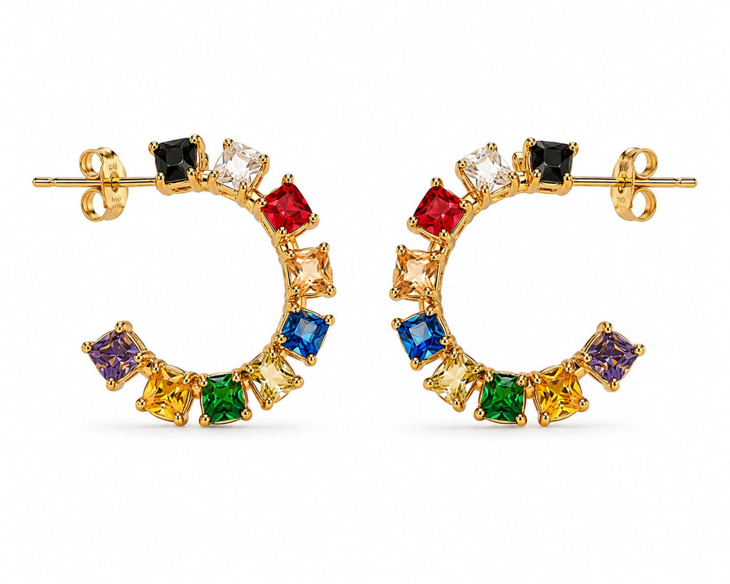Brincos Meia-Argola Zircónias Multicores Quadradas – Aço Inoxidável & Banho a Ouro PVD