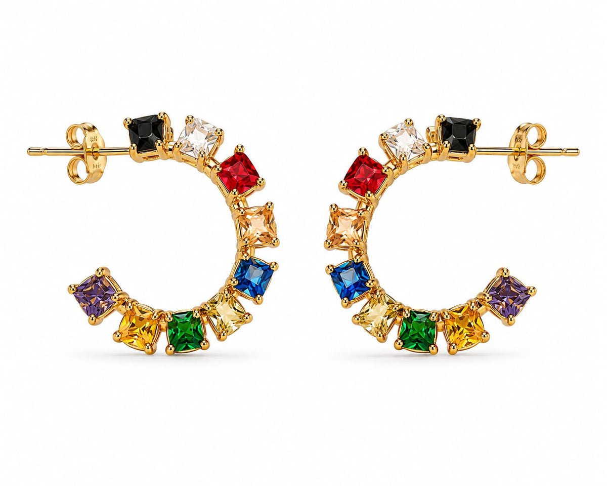 Brincos Meia-Argola Zircónias Multicores Quadradas – Aço Inoxidável & Banho a Ouro PVD