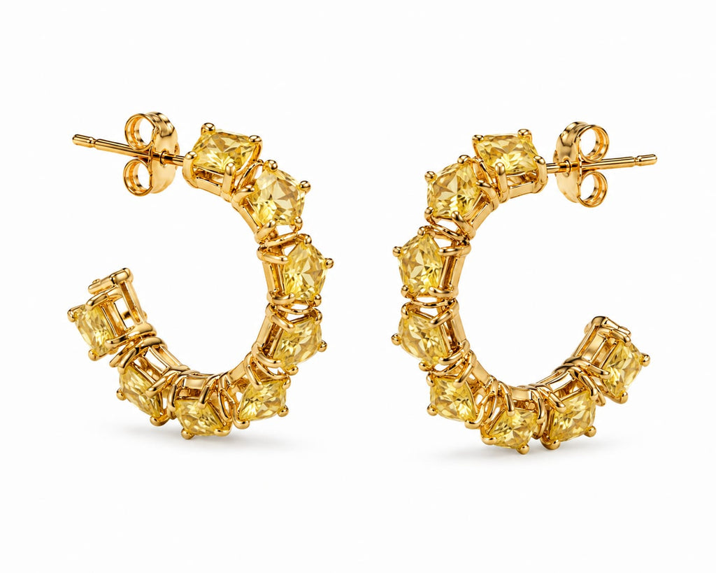 Brincos Meia-Argola Zircónias Amarelas Quadradas – Aço Inoxidável & Banho a Ouro PVD