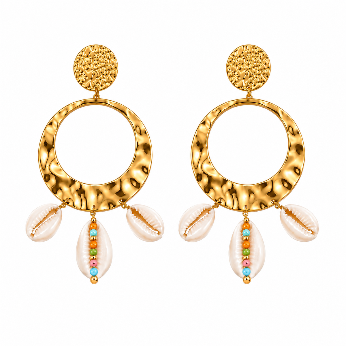 Brincos Argola Martelada Búzios & Contas Coloridas – Aço Inoxidável & Banho a Ouro PVD