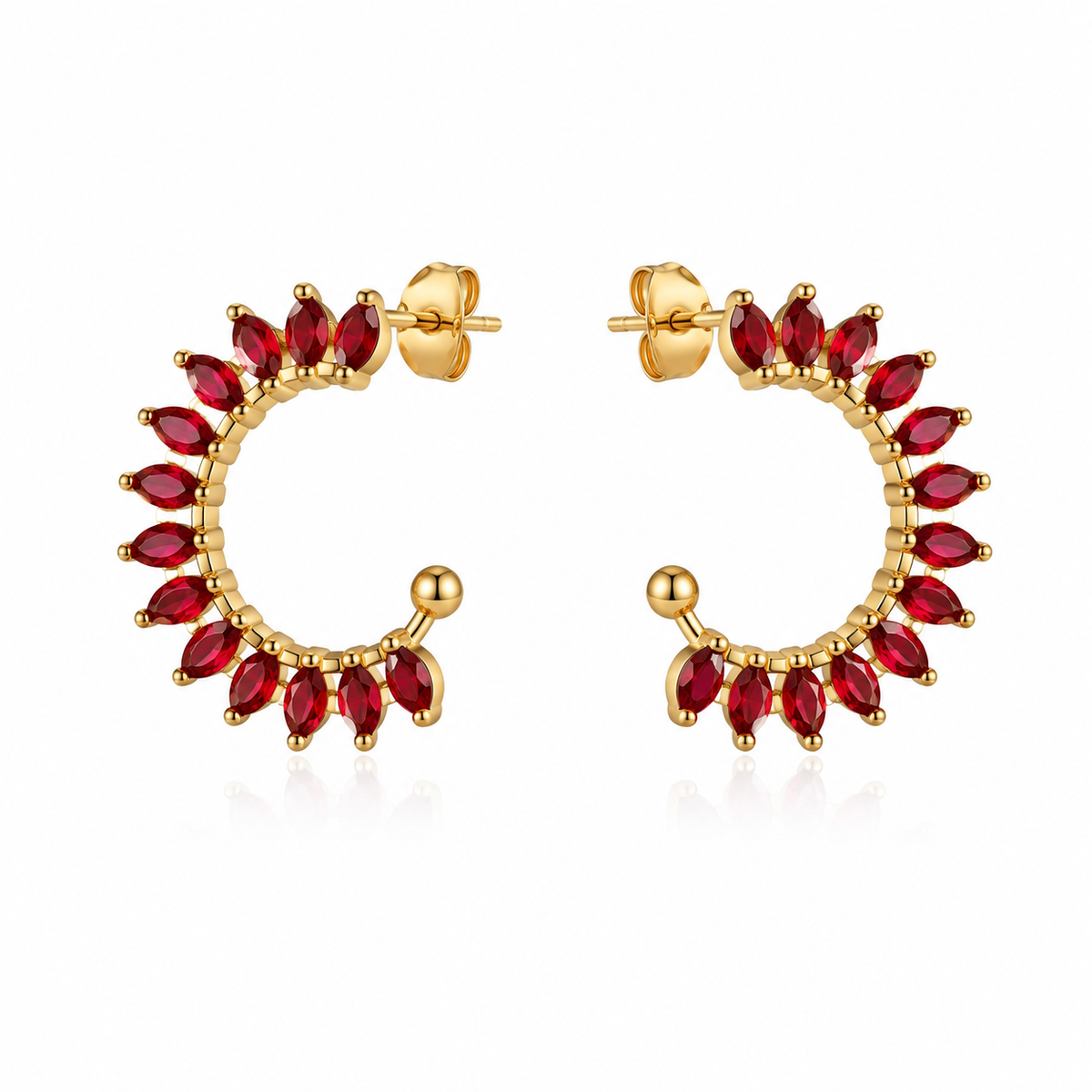 Brincos Meia-Argola Zircônias Vermelhas Marquise – Aço Inoxidável & Banho a Ouro PVD