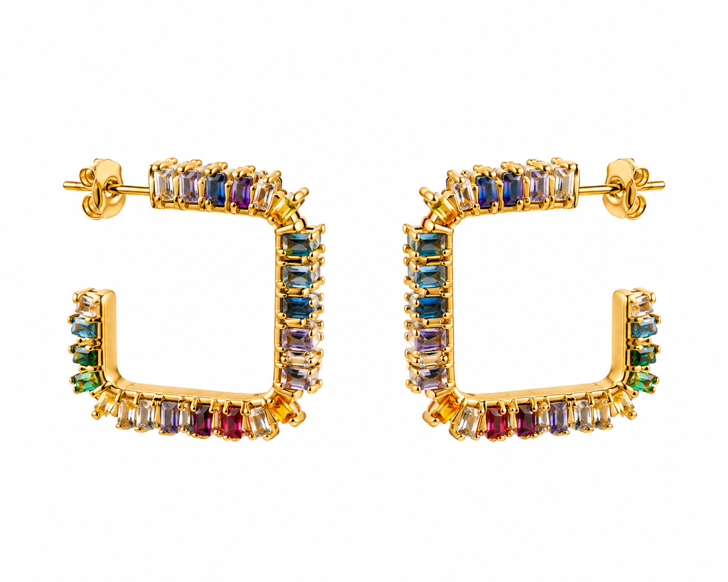 Brincos Argola Quadrada Zircónias Baguete Multicores – Aço Inoxidável & Banho a Ouro PVD