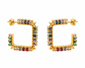 Brincos Argola Quadrada Zircónias Baguete Multicores – Aço Inoxidável & Banho a Ouro PVD