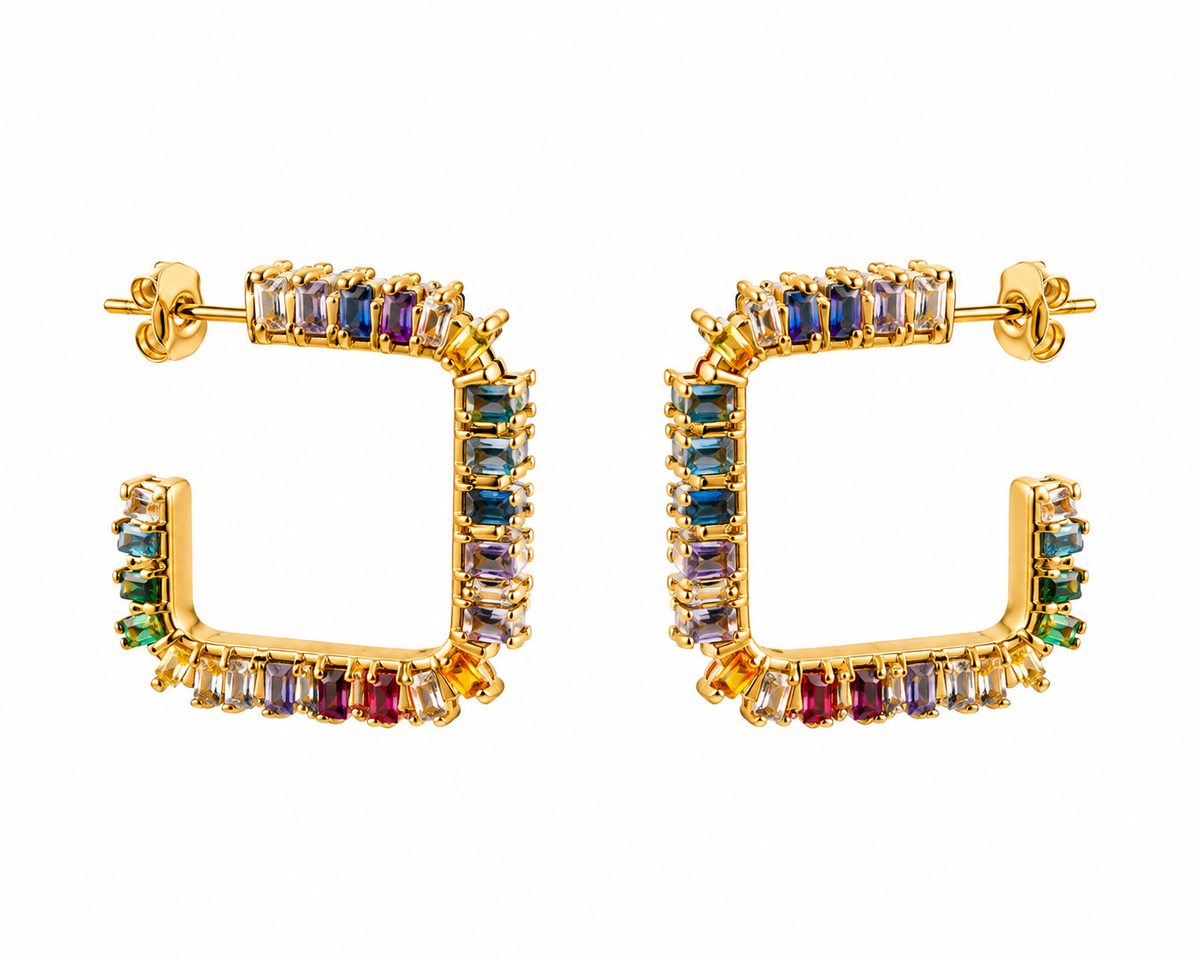 Brincos Argola Quadrada Zircónias Baguete Multicores – Aço Inoxidável & Banho a Ouro PVD