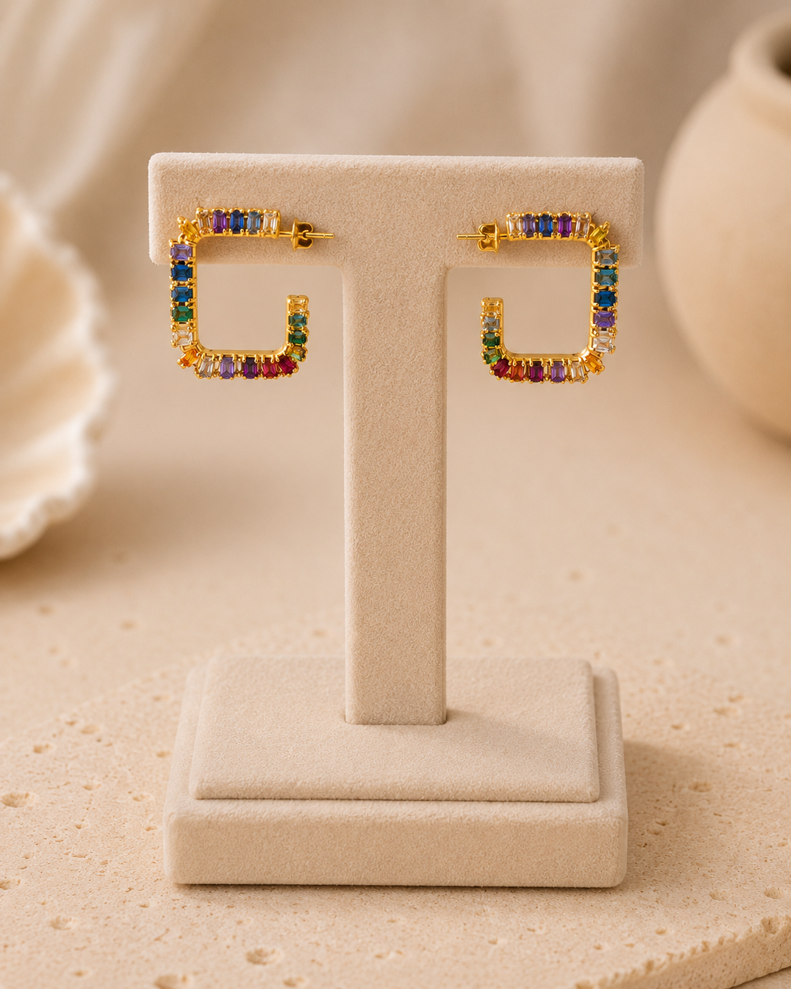 Brincos Argola Quadrada Zircónias Baguete Multicores – Aço Inoxidável & Banho a Ouro PVD