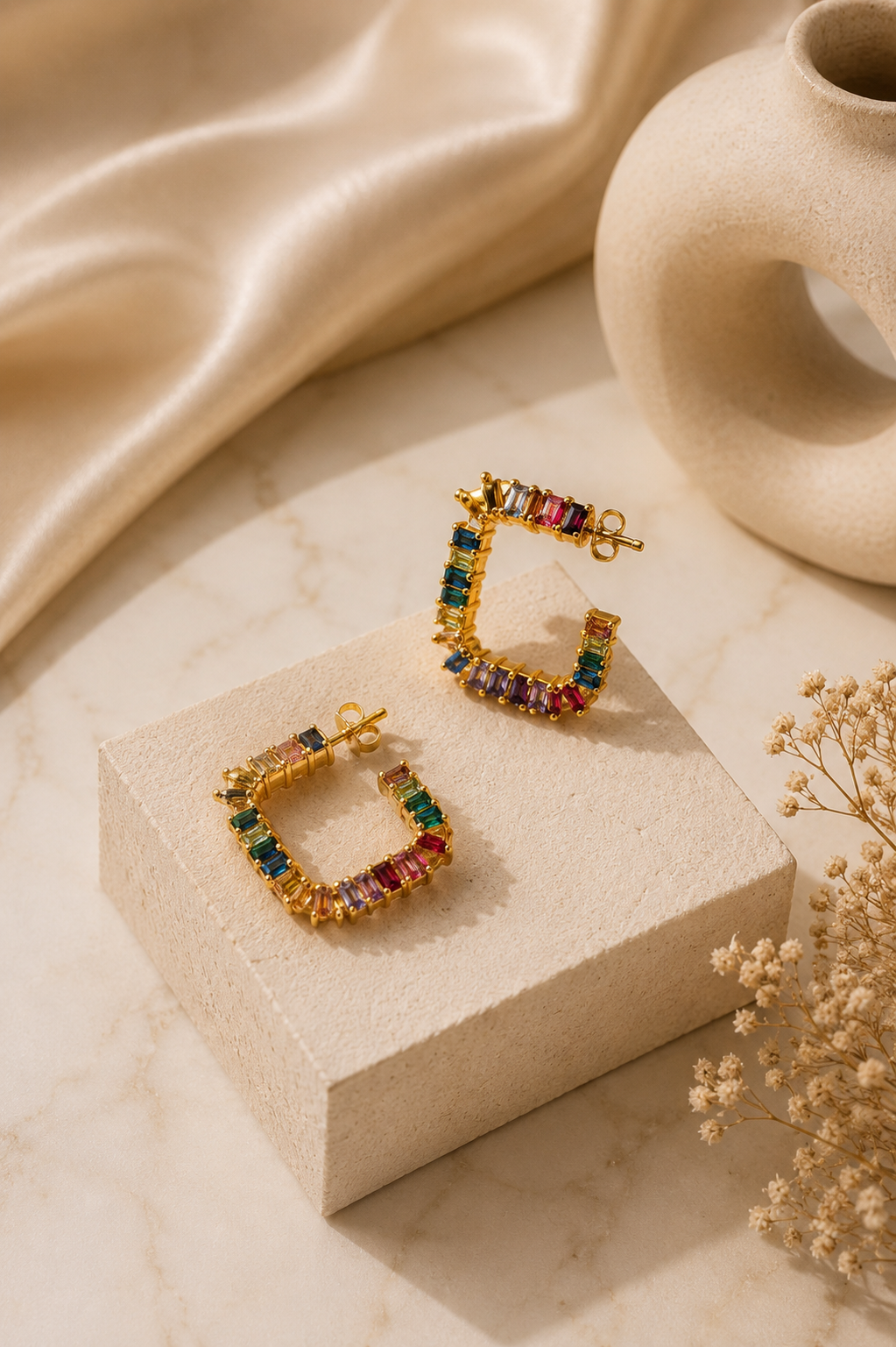 Brincos Argola Quadrada Zircónias Baguete Multicores – Aço Inoxidável & Banho a Ouro PVD