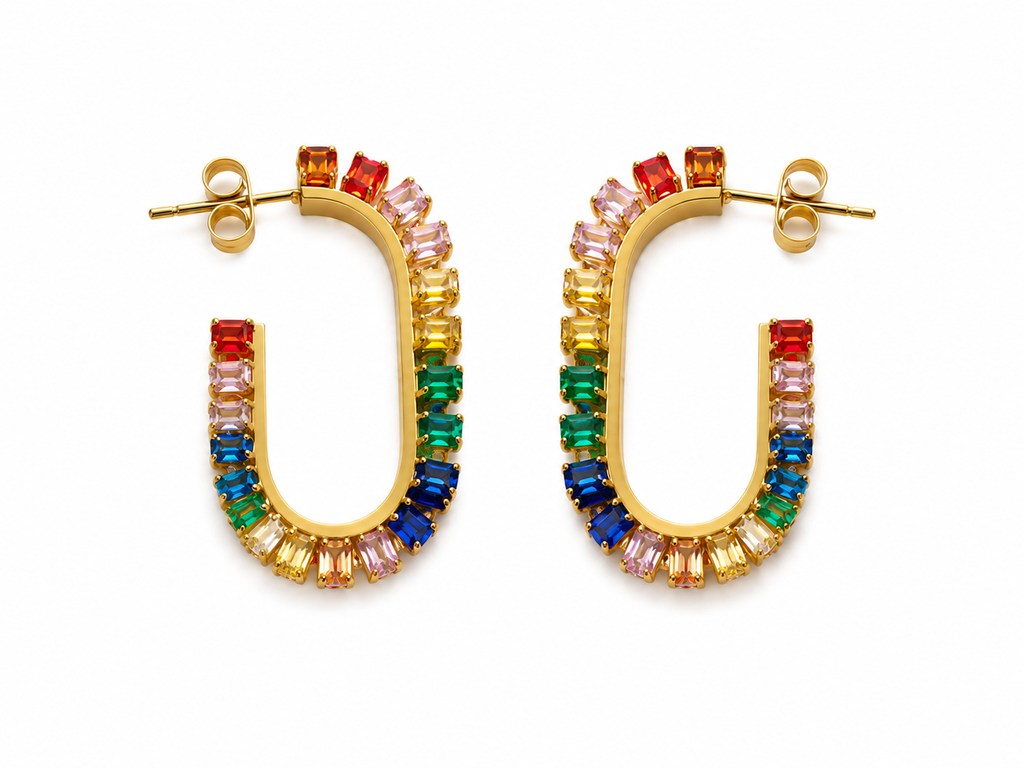 Brincos Argola Oval Zircónias Baguete Multicores – Aço Inoxidável & Banho a Ouro PVD