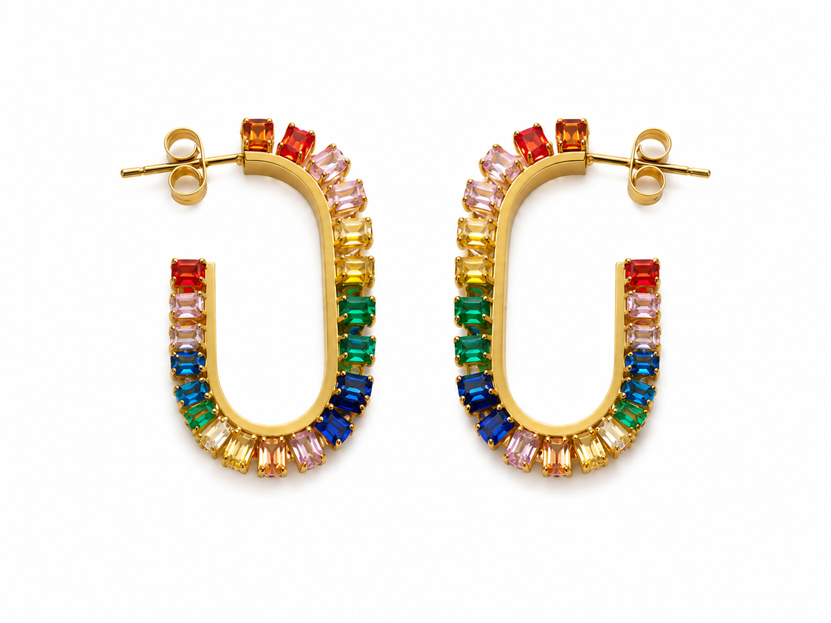 Brincos Argola Oval Zircónias Baguete Multicores – Aço Inoxidável & Banho a Ouro PVD