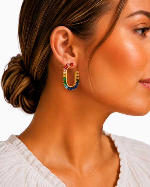 Brincos Argola Oval Zircónias Baguete Multicores – Aço Inoxidável & Banho a Ouro PVD
