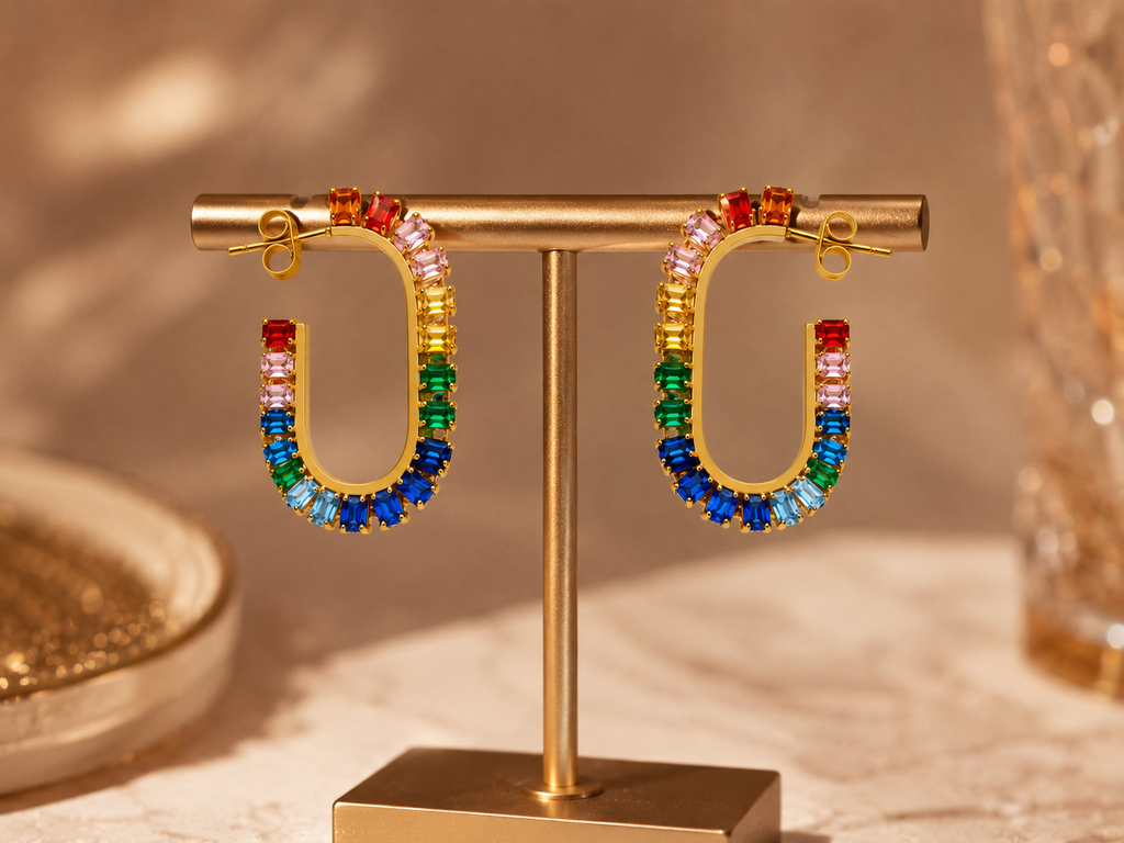 Brincos Argola Oval Zircónias Baguete Multicores – Aço Inoxidável & Banho a Ouro PVD