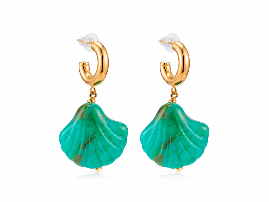 Brincos Argola & Concha Marítima Verde Turquesa – Aço Inoxidável & Banho a Ouro PVD