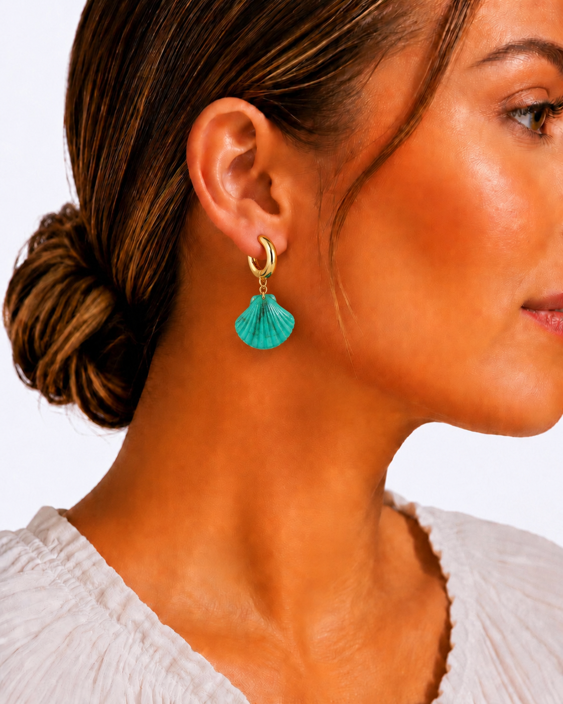 Brincos Argola & Concha Marítima Verde Turquesa – Aço Inoxidável & Banho a Ouro PVD