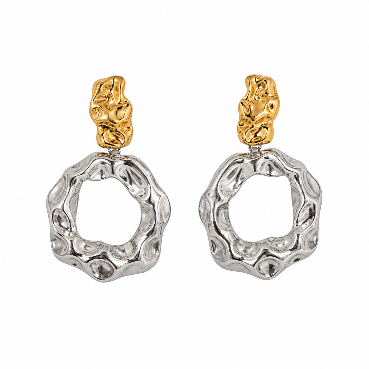 Brincos Orgânicos Bicolores Dourado & Prateado – Aço Inoxidável & Banho a Ouro PVD