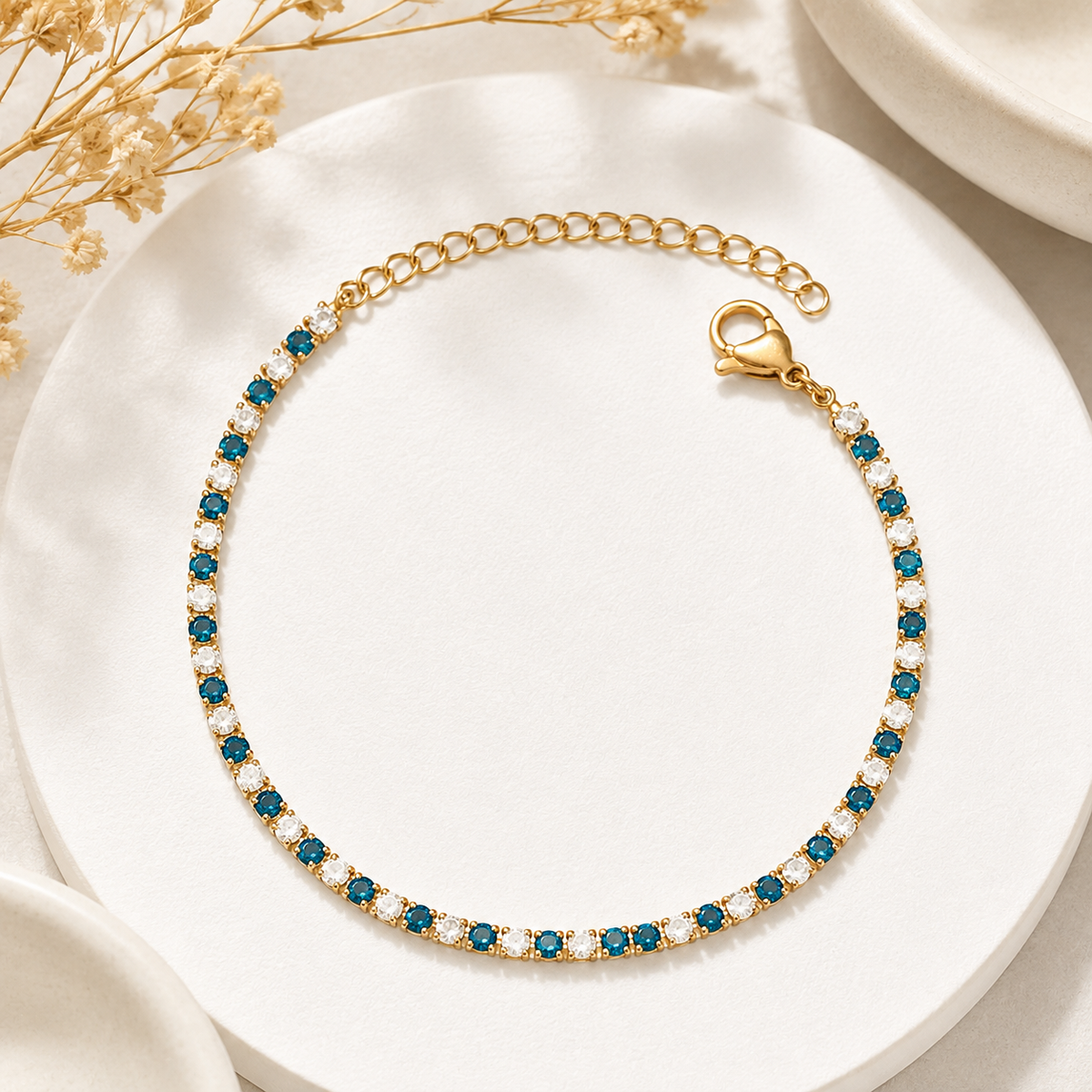 Pulseira Rivière Zircónias Verdes & Pérolas – Aço Inoxidável & Banho a Ouro PVD