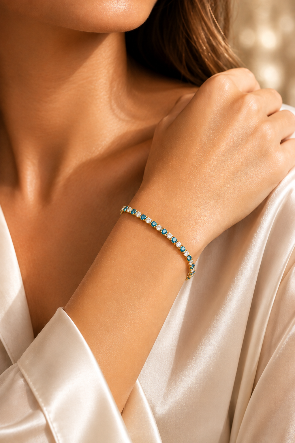 Pulseira Rivière Zircónias Verdes & Pérolas – Aço Inoxidável & Banho a Ouro PVD