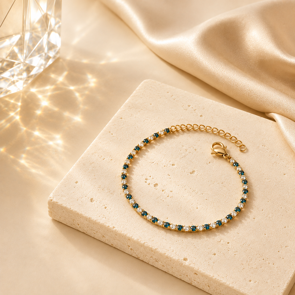 Pulseira Rivière Zircónias Verdes & Pérolas – Aço Inoxidável & Banho a Ouro PVD