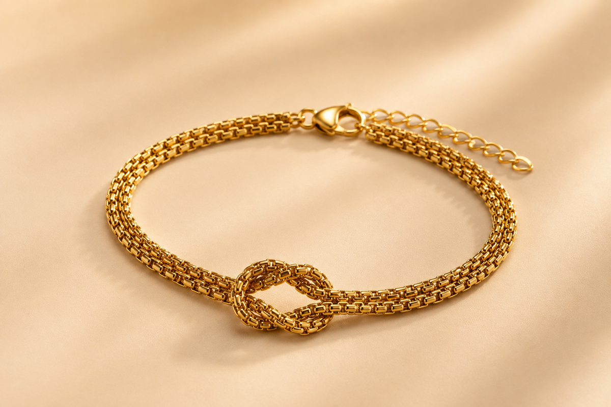 Pulseira Nó do Destino Corrente Dupla – Aço Inoxidável & Banho a Ouro PVD