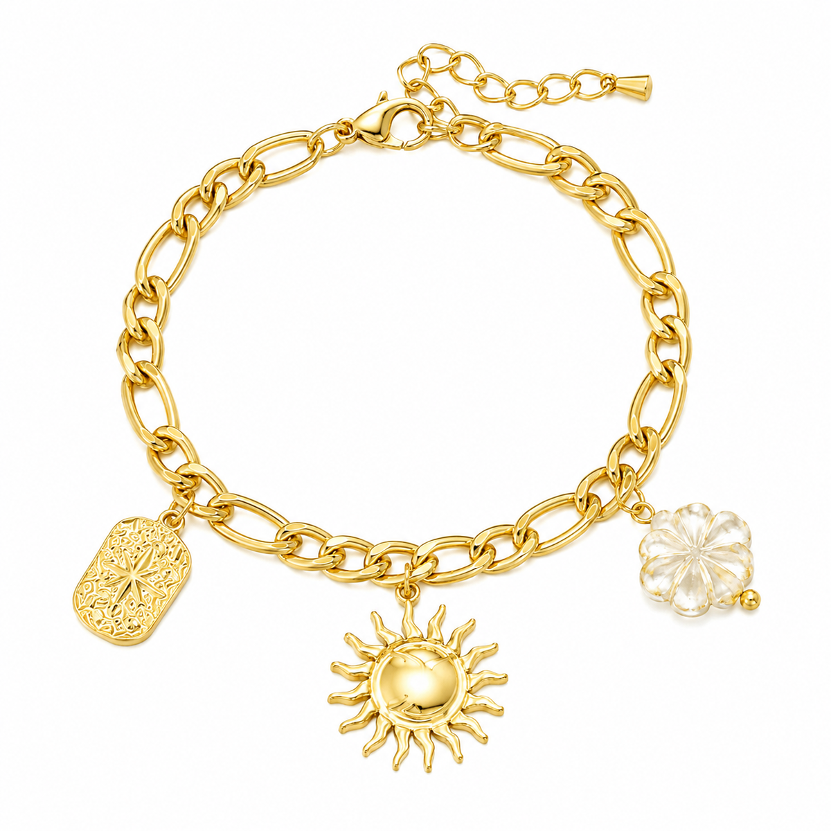 Pulseira Charms Sol Radiante & Flor de Cristal – Aço Inoxidável & Banho a Ouro PVD