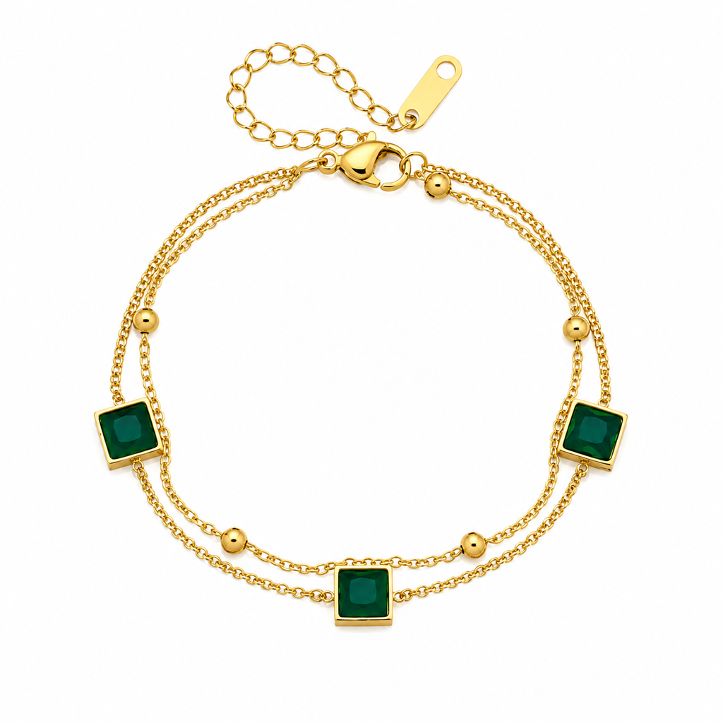 Doppelarmband Quadratischer Smaragd & Kugeln – Edelstahl & PVD-Goldbeschichtung