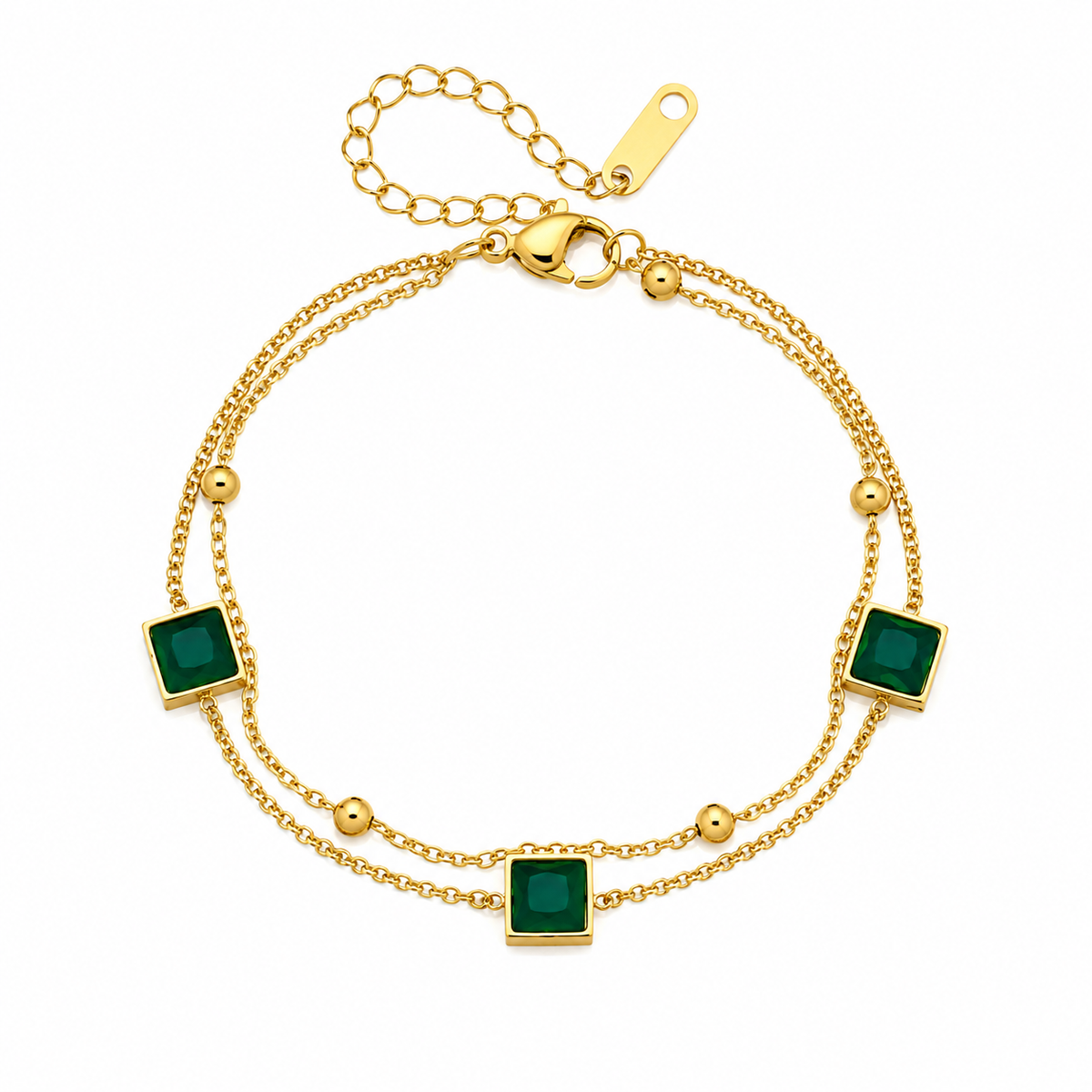 Pulseira Dupla Esmeralda Quadrada & Esferas – Aço Inoxidável & Banho a Ouro PVD