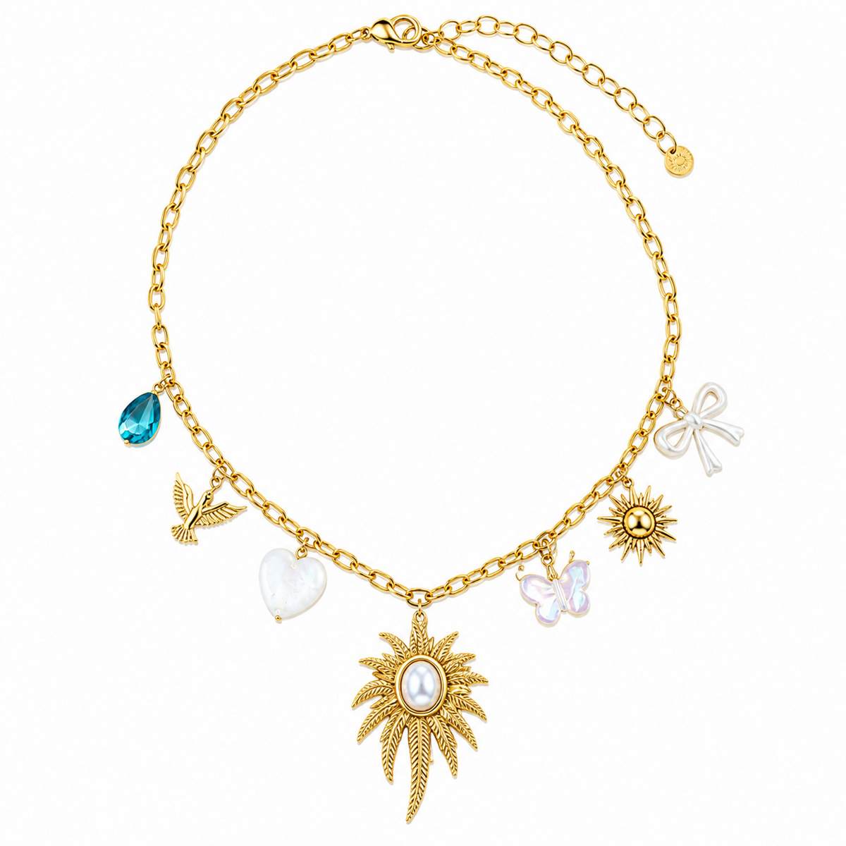 Colar Charms Sol Tropical & Palmeira – Aço Inoxidável & Banho a Ouro PVD