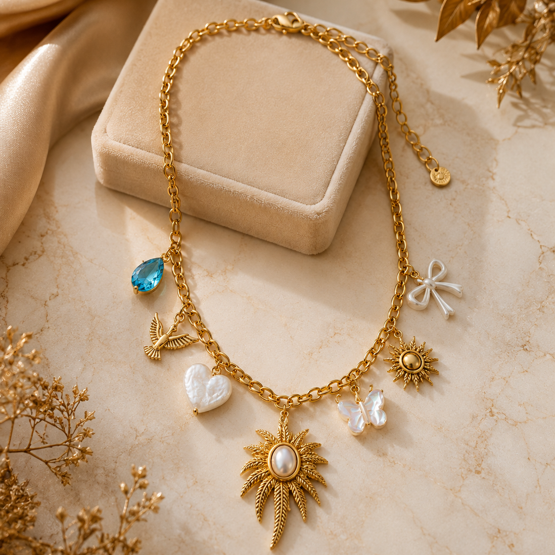 Colar Charms Sol Tropical & Palmeira – Aço Inoxidável & Banho a Ouro PVD
