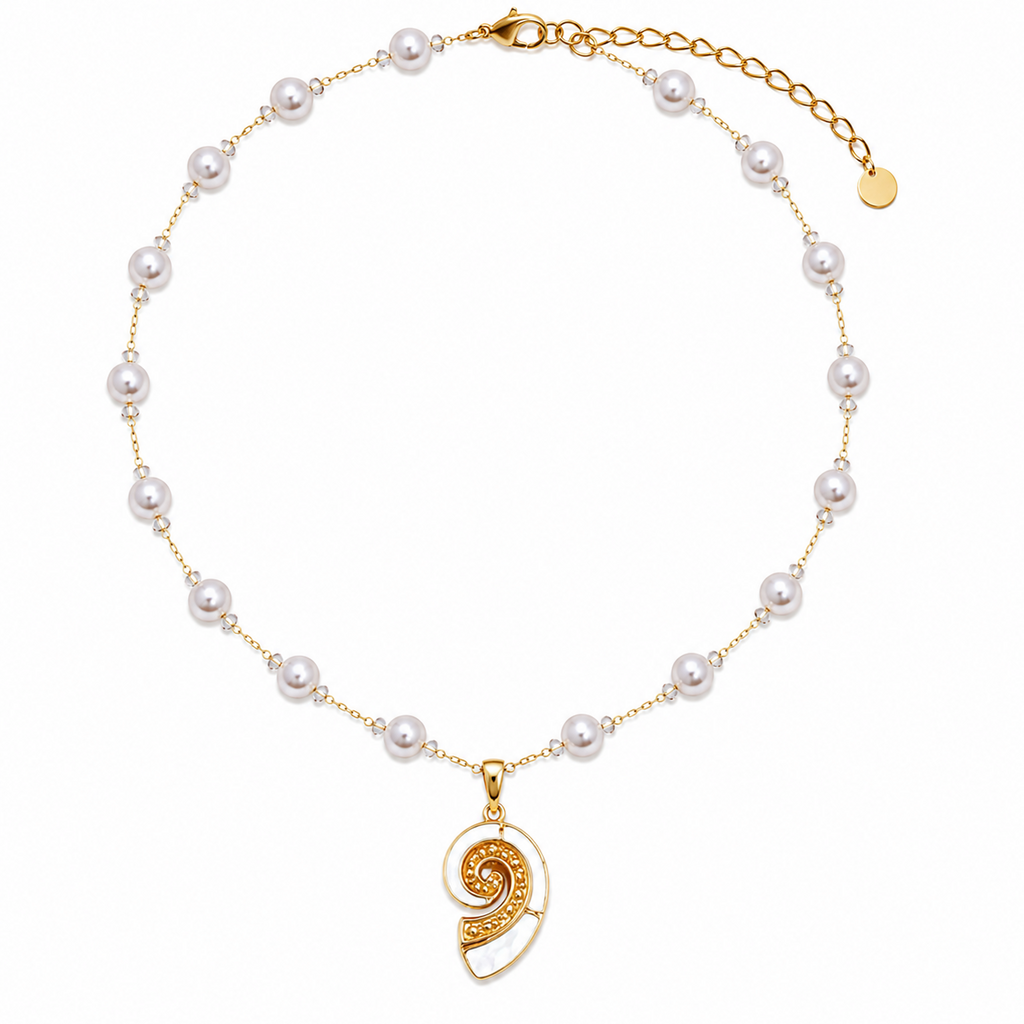 Colar Pérolas Concha Espiral Náutica – Aço Inoxidável & Banho a Ouro PVD