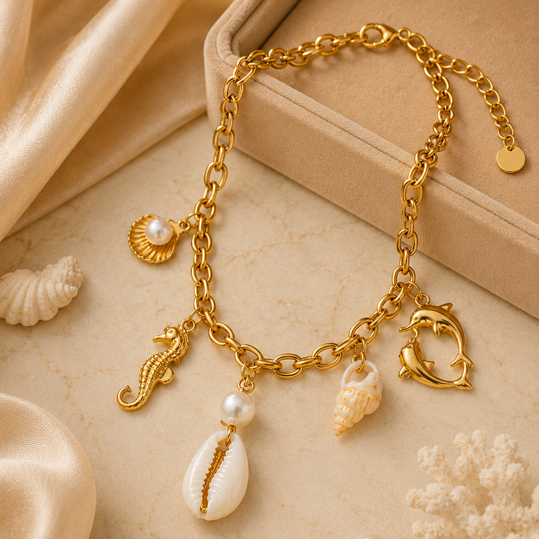 Colar Charms Vida Marinha Oceano – Aço Inoxidável & Banho a Ouro PVD
