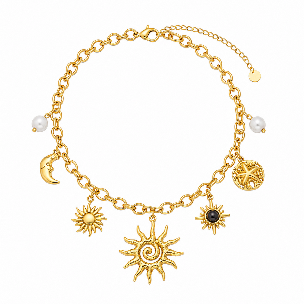 Colar Charms Sol Místico, Lua & Astros – Aço Inoxidável & Banho a Ouro PVD