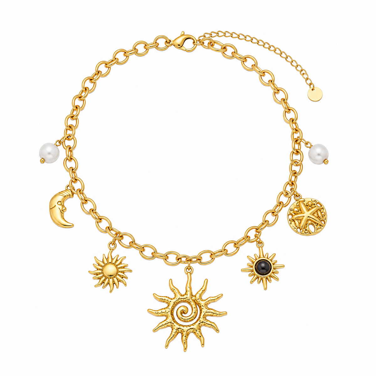 Colar Charms Sol Místico, Lua & Astros – Aço Inoxidável & Banho a Ouro PVD