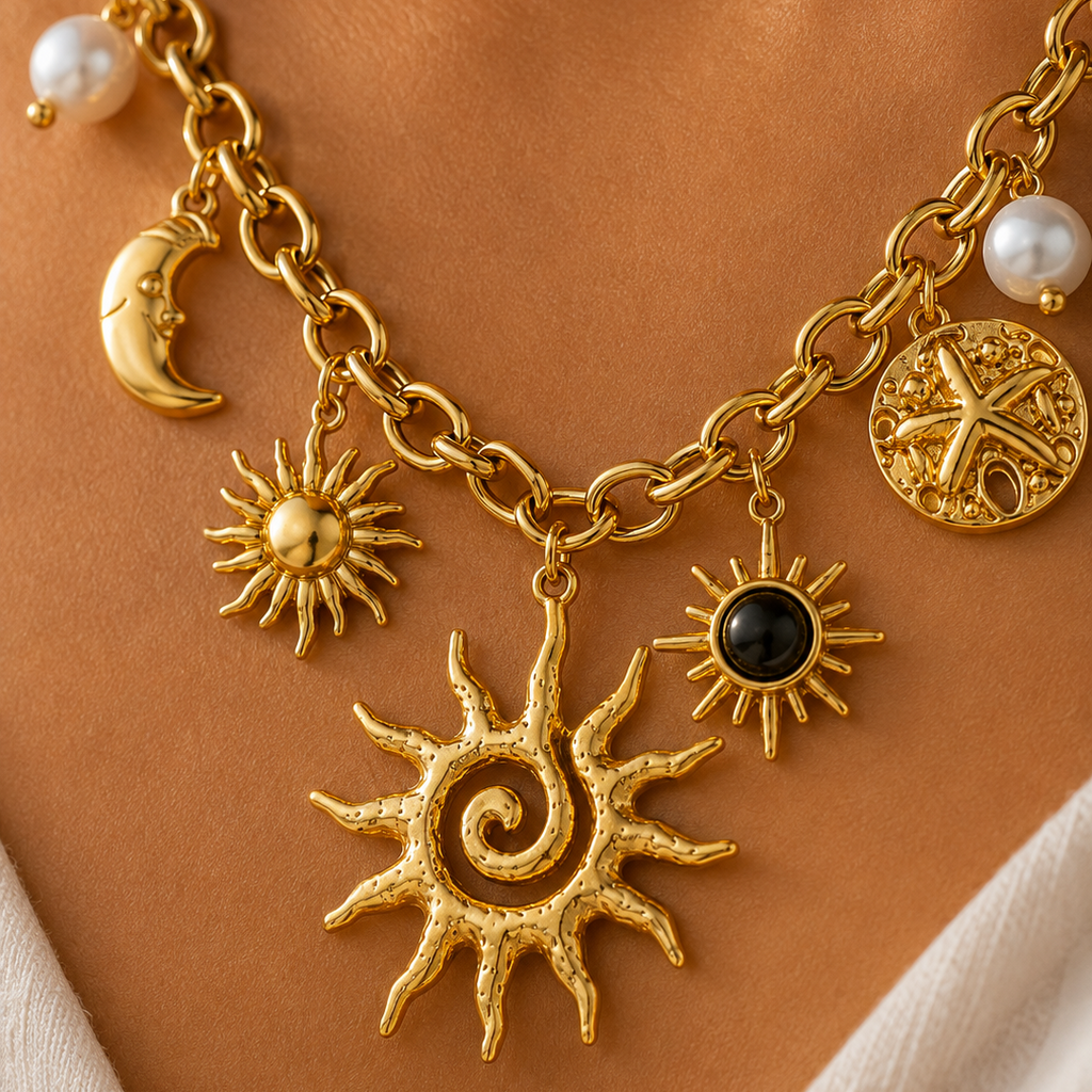 Colar Charms Sol Místico, Lua & Astros – Aço Inoxidável & Banho a Ouro PVD