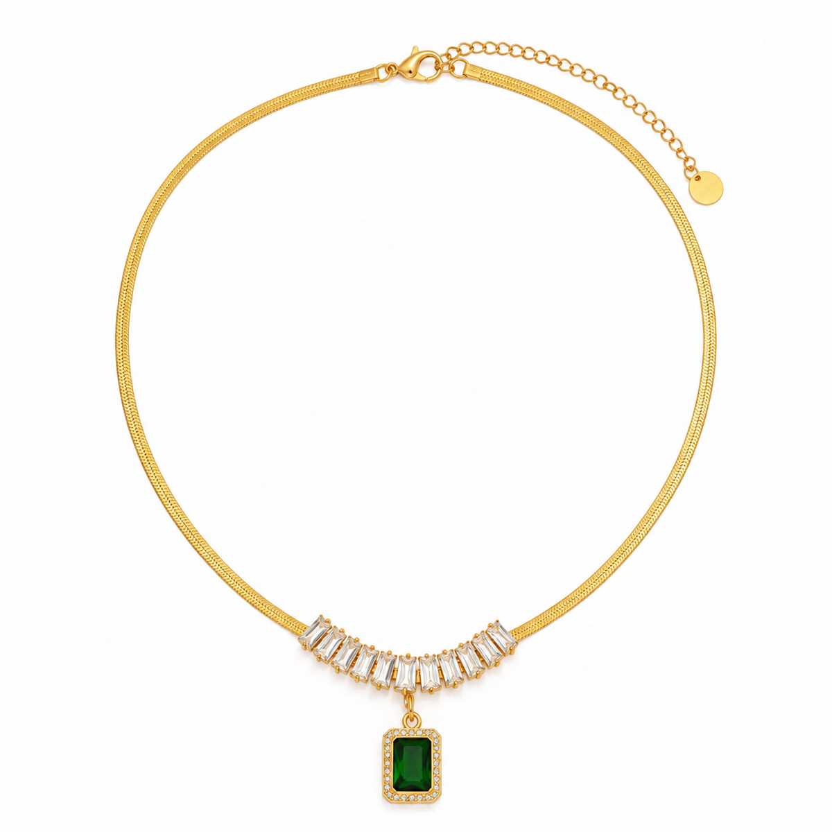Colar Esmeralda Imperatriz & Zircônias Baguette – Aço Inoxidável & Banho a Ouro PVD