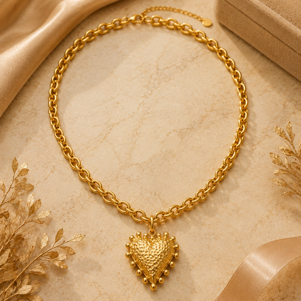 Colar Coração Martelado Barroco – Aço Inoxidável & Banho a Ouro PVD