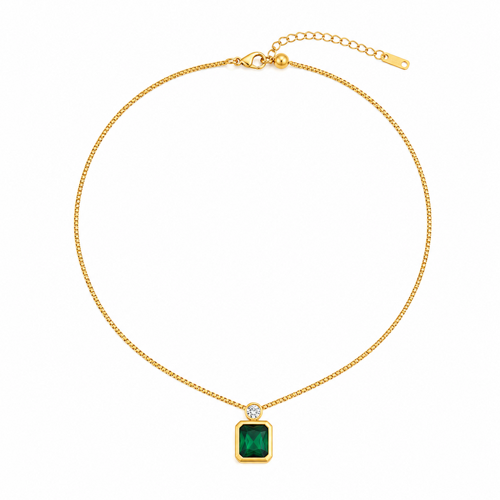 Colar Solitário Esmeralda & Ponto de Luz – Aço Inoxidável & Banho a Ouro PVD