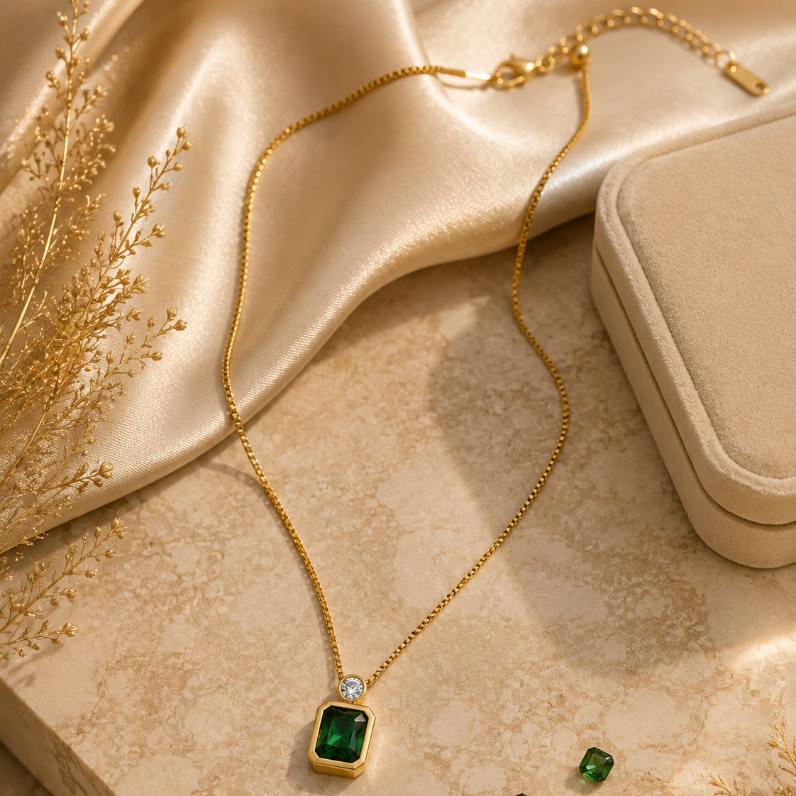 Colar Solitário Esmeralda & Ponto de Luz – Aço Inoxidável & Banho a Ouro PVD