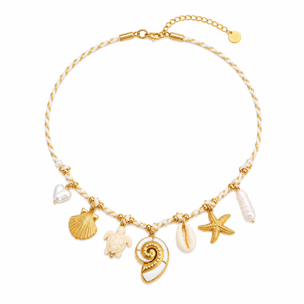 Colar Charms Tartaruga & Concha Espiral – Aço Inoxidável & Banho a Ouro PVD