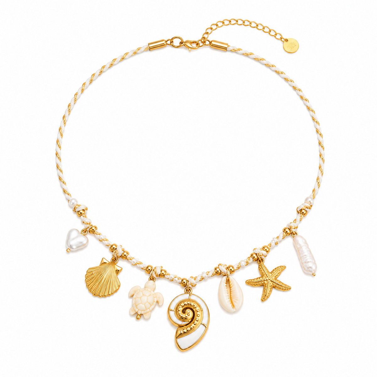 Colar Charms Tartaruga & Concha Espiral – Aço Inoxidável & Banho a Ouro PVD