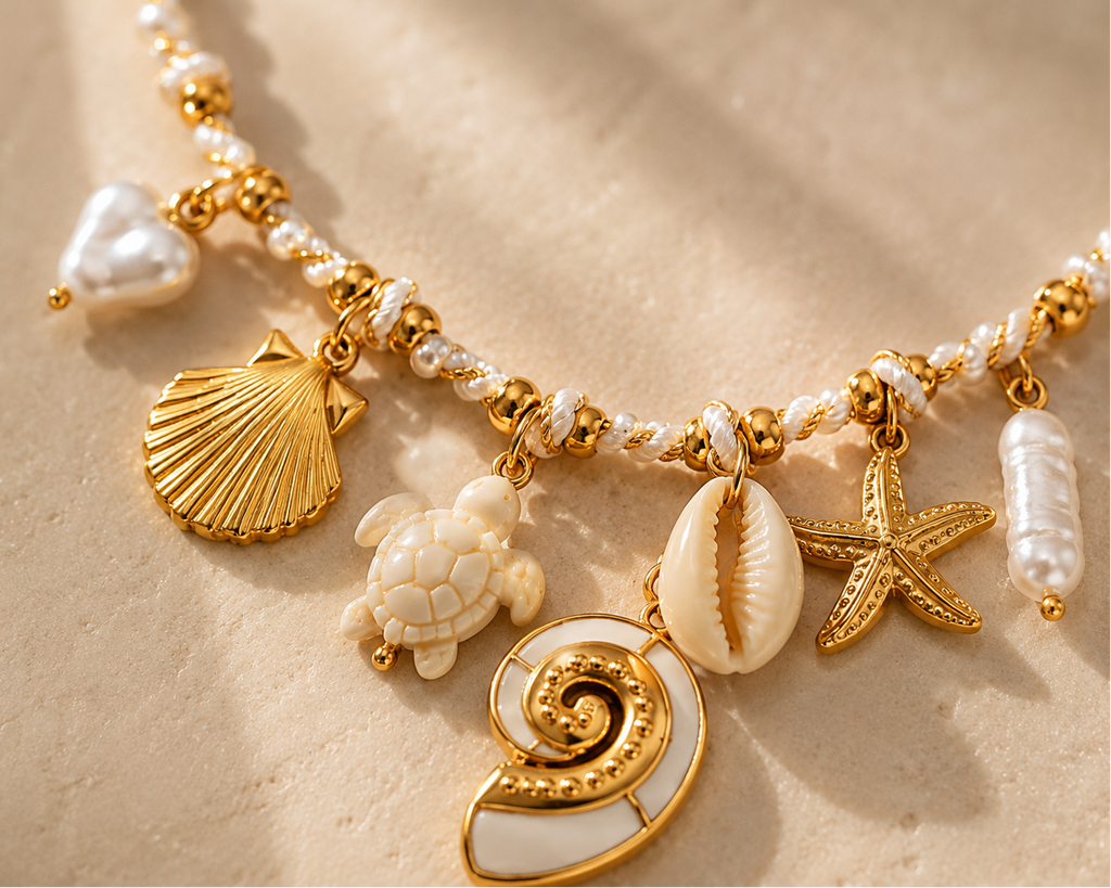Colar Charms Tartaruga & Concha Espiral – Aço Inoxidável & Banho a Ouro PVD