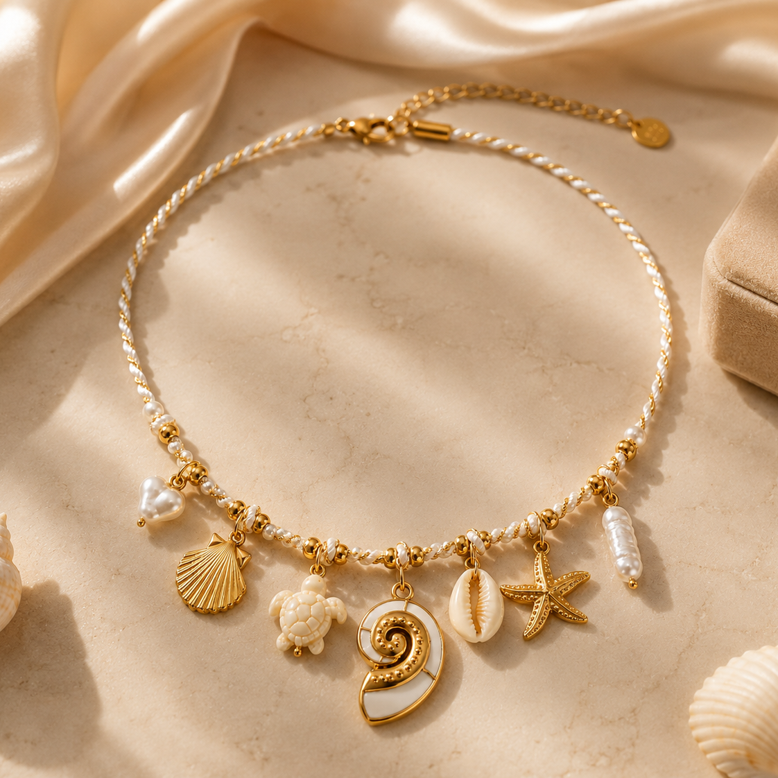 Colar Charms Tartaruga & Concha Espiral – Aço Inoxidável & Banho a Ouro PVD