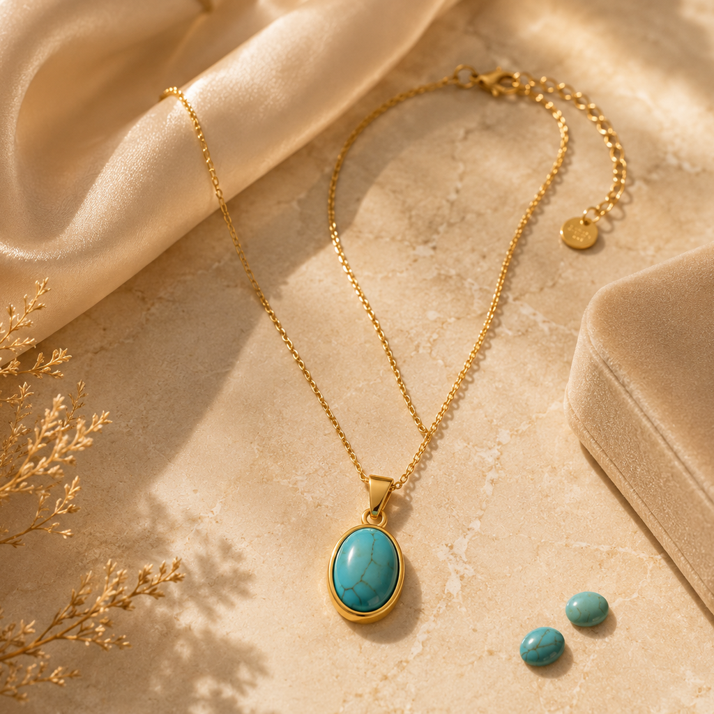 Colar Oval Turquesa Minimalista – Aço Inoxidável 316L & Banho a Ouro PVD