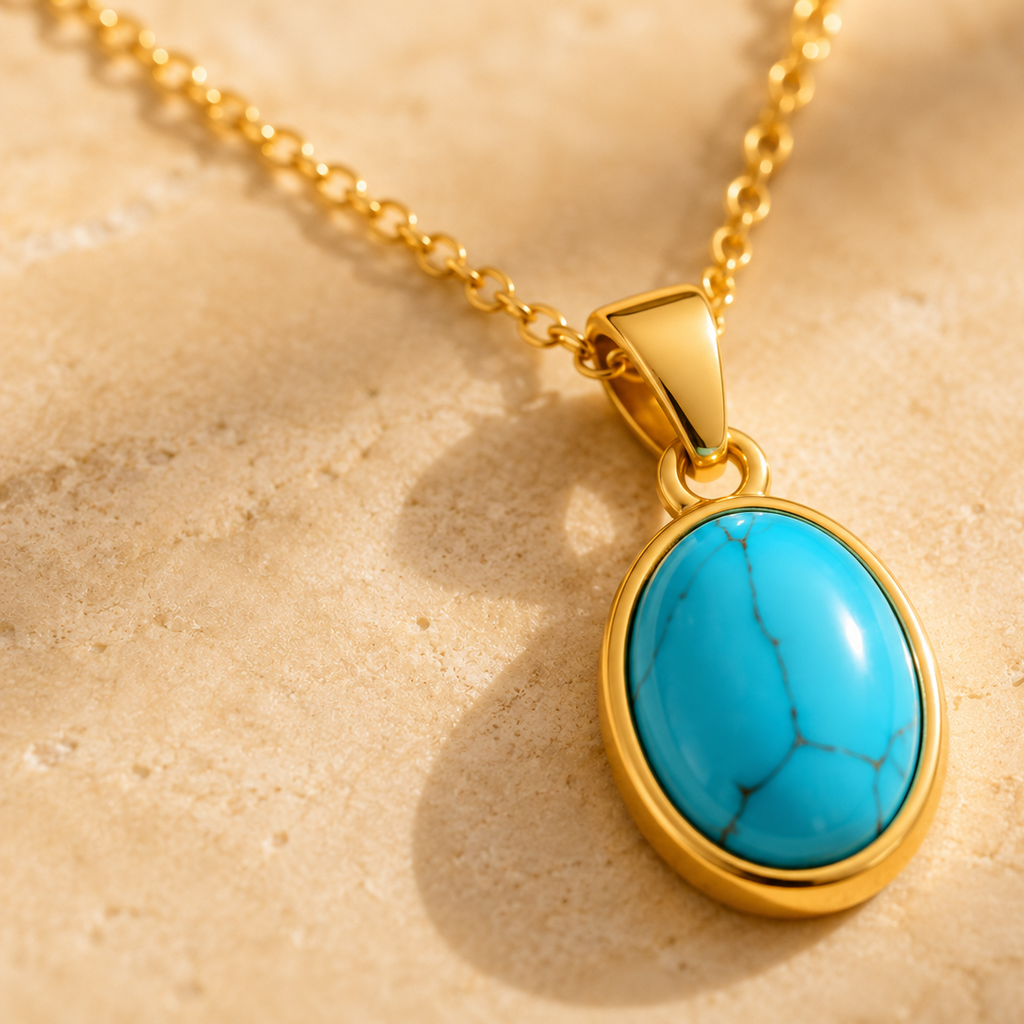 Colar Oval Turquesa Minimalista – Aço Inoxidável 316L & Banho a Ouro PVD