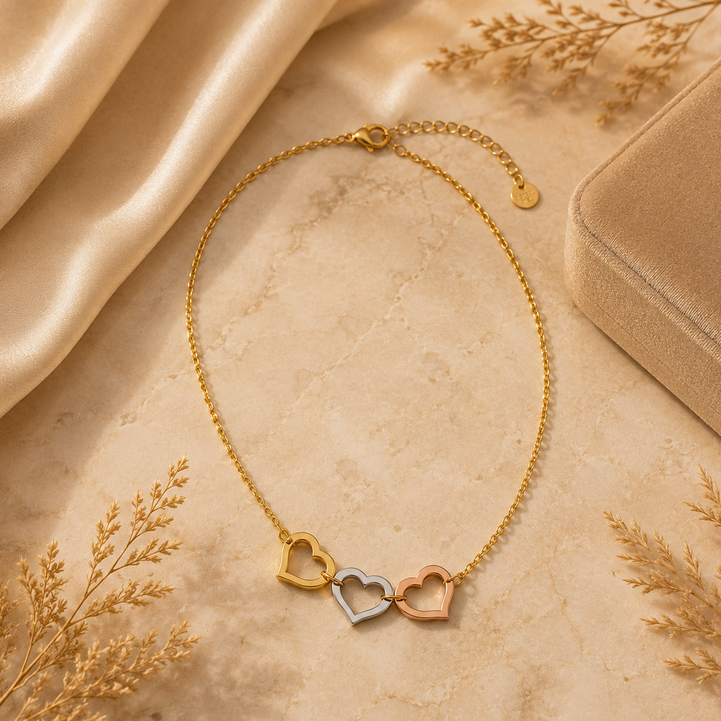 Colar Três Corações Tricolor – Aço Inoxidável & Banho a Ouro PVD