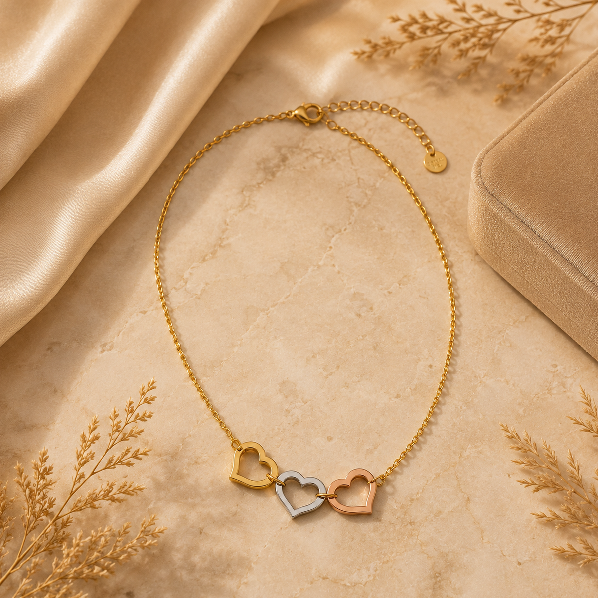 Colar Três Corações Tricolor – Aço Inoxidável & Banho a Ouro PVD
