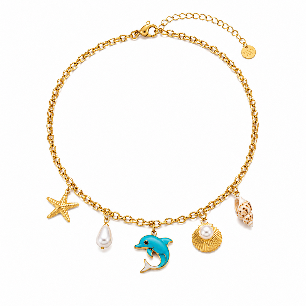 Colar Charms Golfinho Azul & Estrela do Mar – Aço Inoxidável & Banho a Ouro PVD