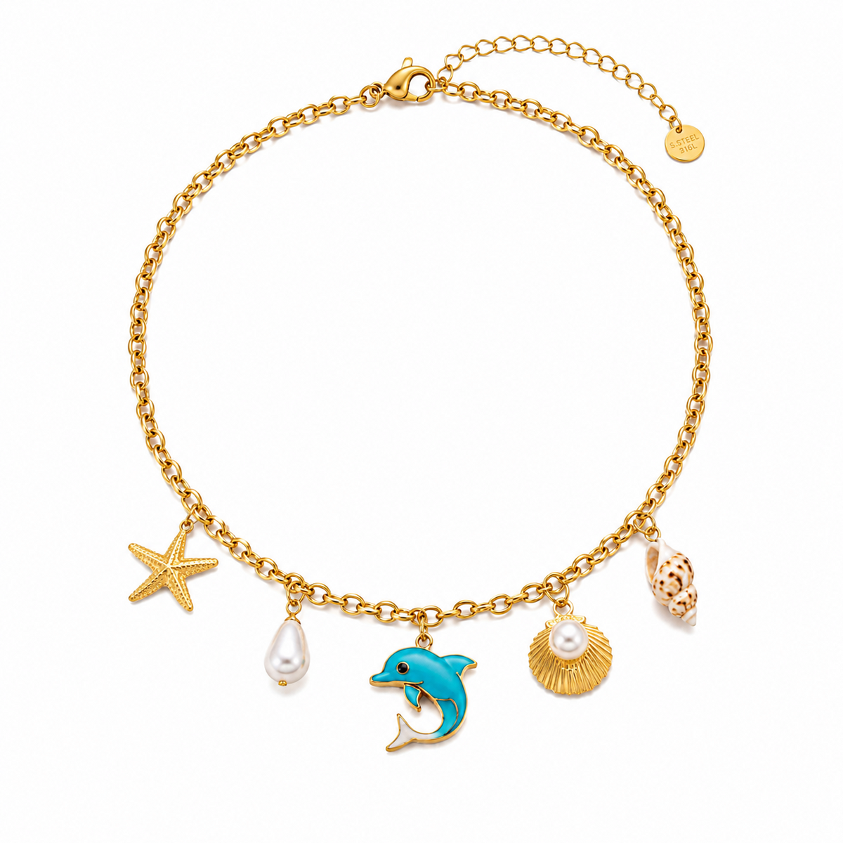 Colar Charms Golfinho Azul & Estrela do Mar – Aço Inoxidável & Banho a Ouro PVD
