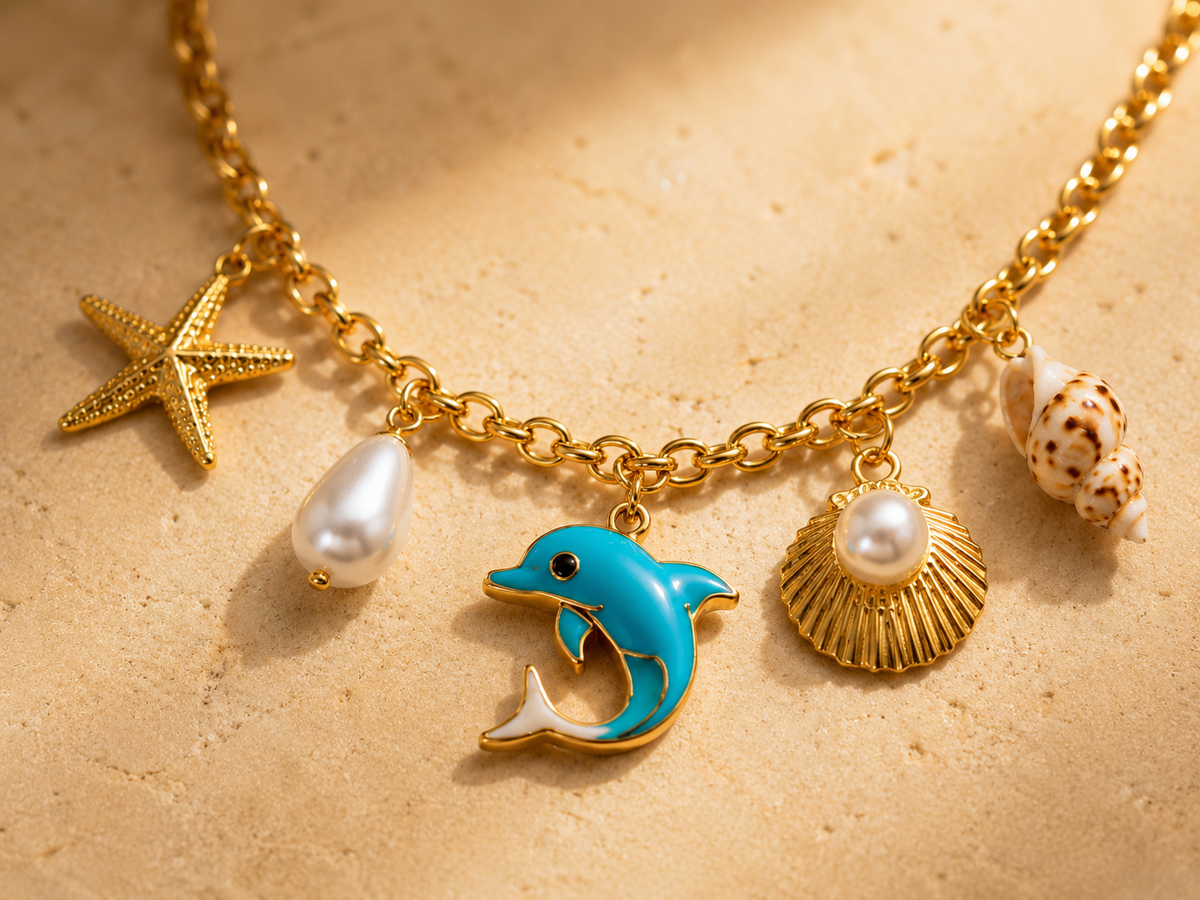 Colar Charms Golfinho Azul & Estrela do Mar – Aço Inoxidável & Banho a Ouro PVD