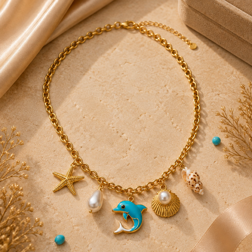 Colar Charms Golfinho Azul & Estrela do Mar – Aço Inoxidável & Banho a Ouro PVD