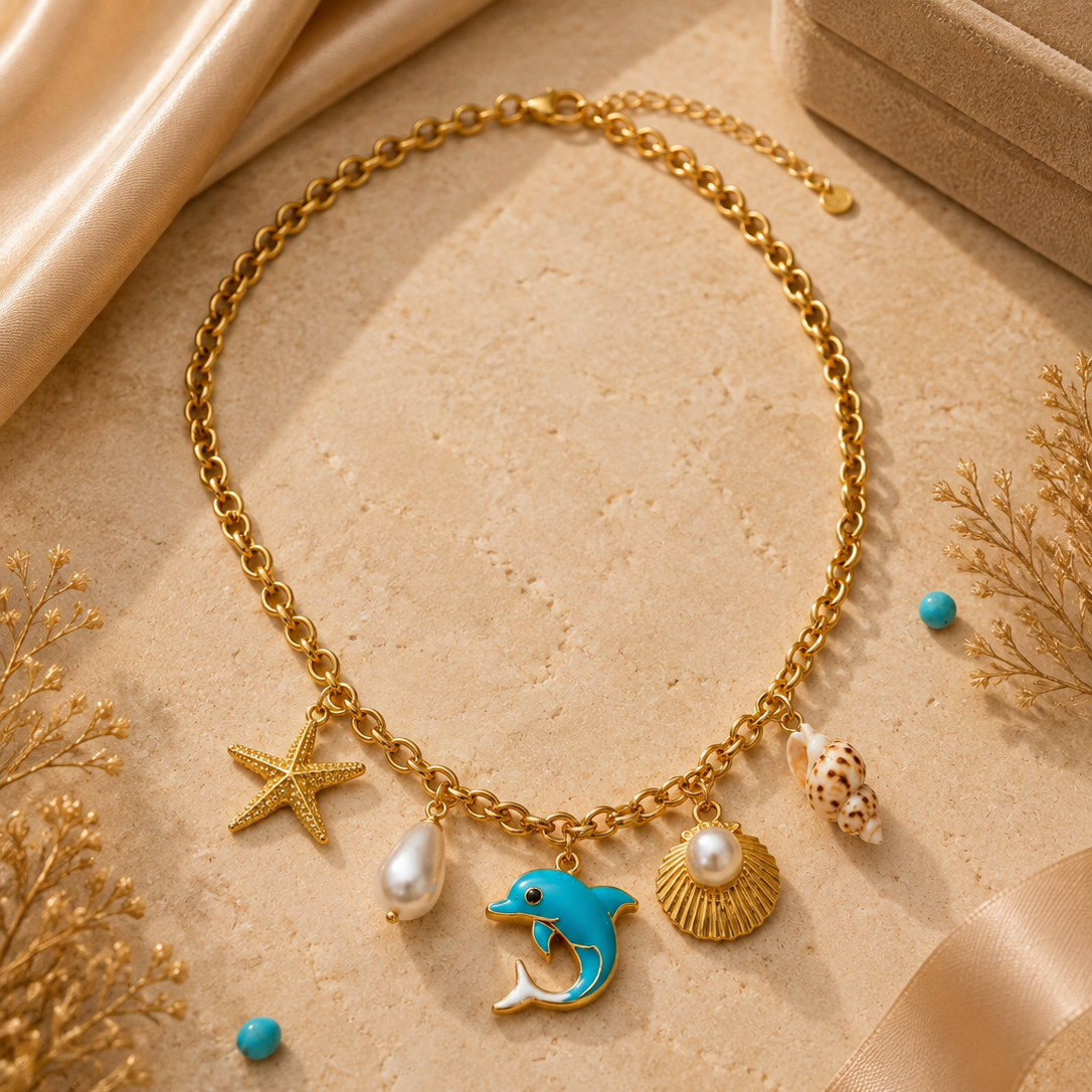 Colar Charms Golfinho Azul & Estrela do Mar – Aço Inoxidável & Banho a Ouro PVD