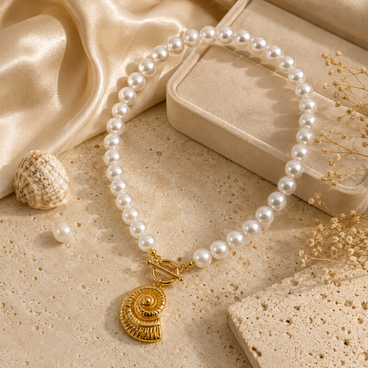 Colar de Pérolas Concha Náutica – Aço Inoxidável & Banho a Ouro PVD