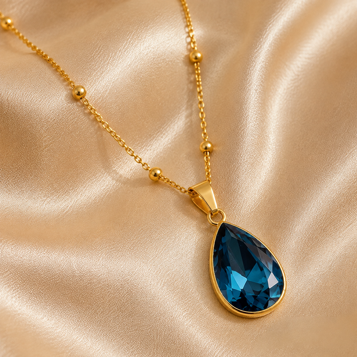 Colar Gota Cristal Azul Turquesa – Aço Inoxidável & Banho a Ouro PVD